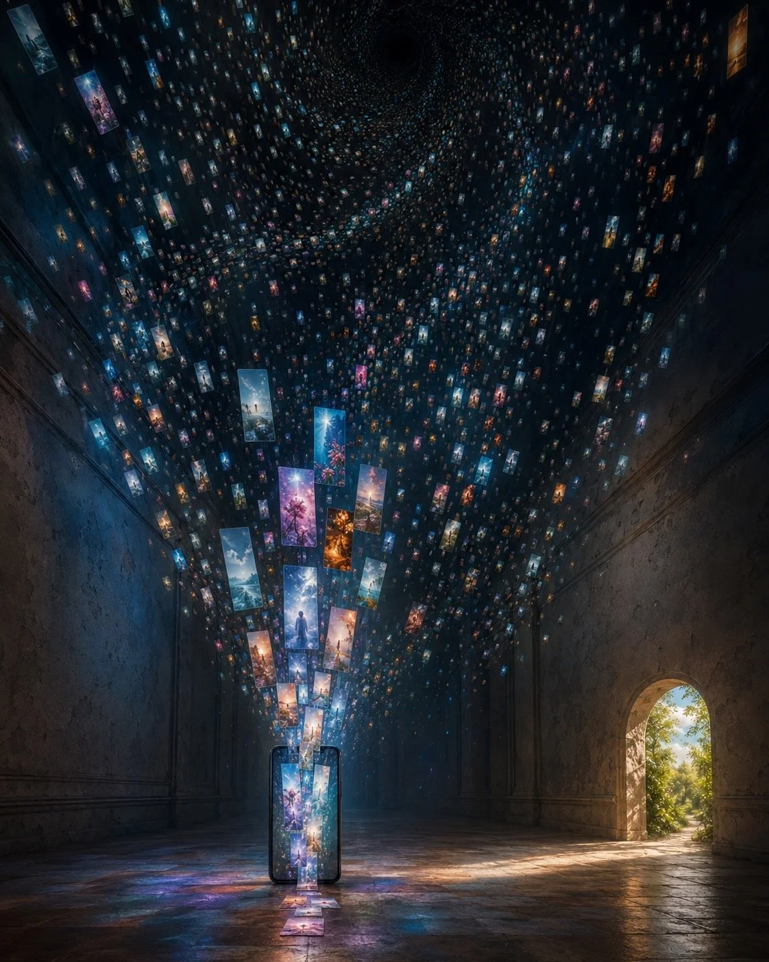 A phone in a dark chamber with an endless ceiling where millions of swirling images wait to be seen. An archway to a bright real world awaits on the right.