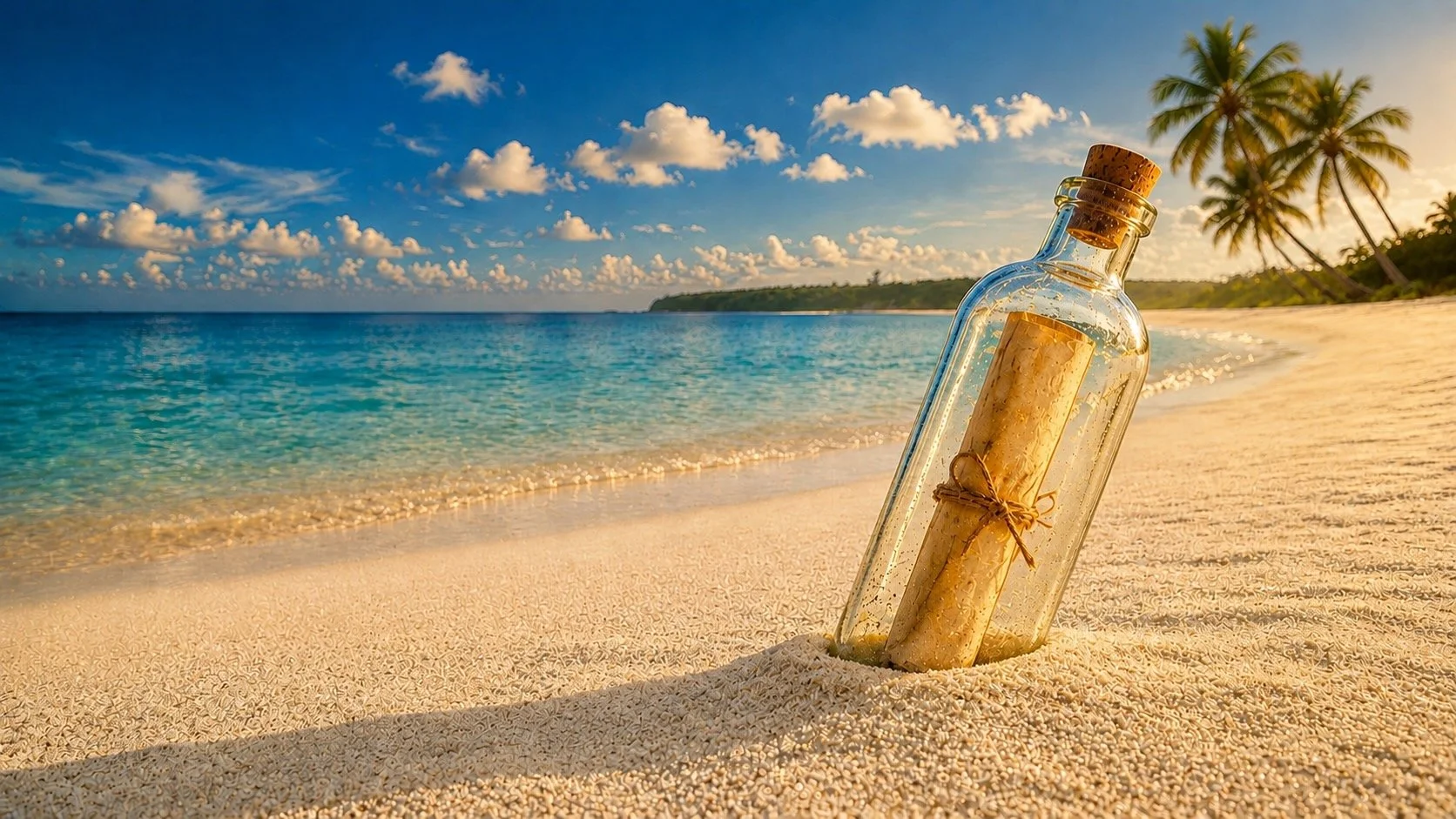 old message in a bottle with a cork washed up on a tropical beach