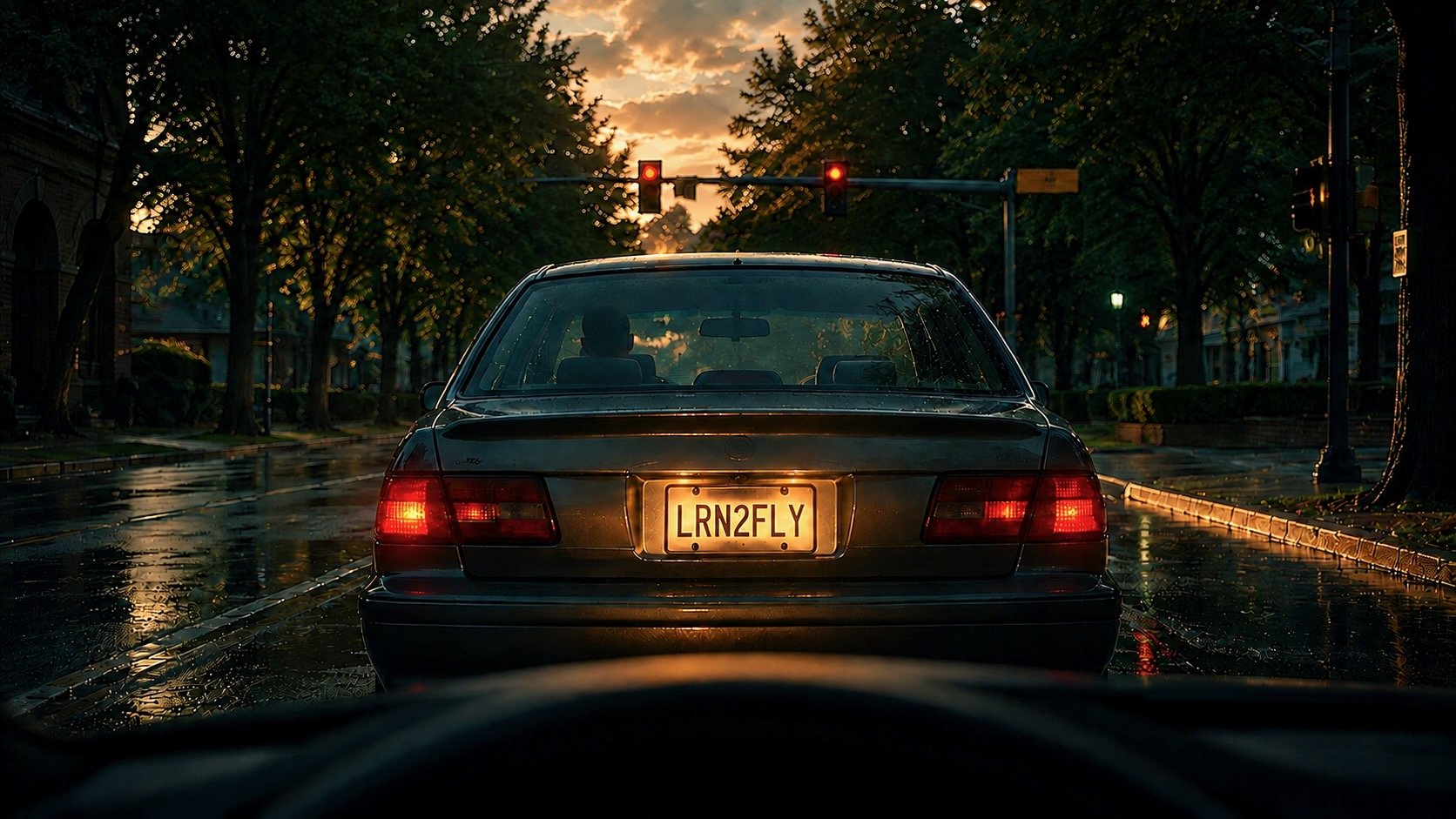 A car at a stoplight with the licence plate LRN2FLY