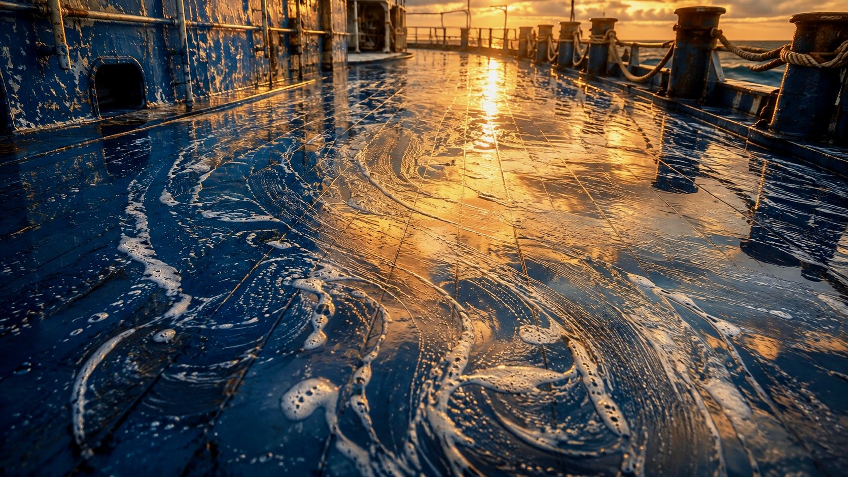 Soapy water swirls across a blue naval ship deck, reflecting warm golden sunset light.