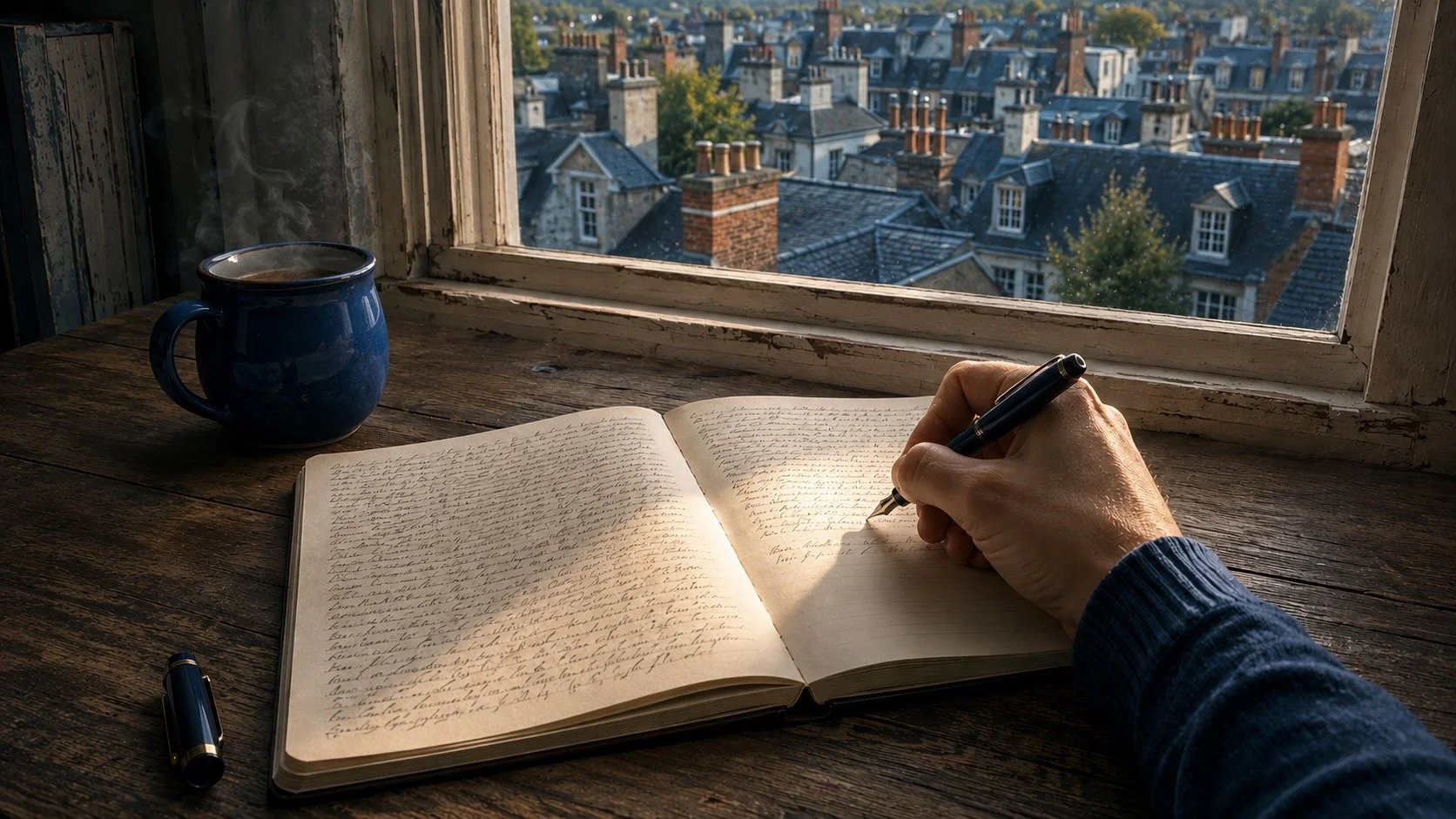 Man's hand writing longhand in a journal with a steaming cup of coffee beside it and a window over looking the rooftops in a city