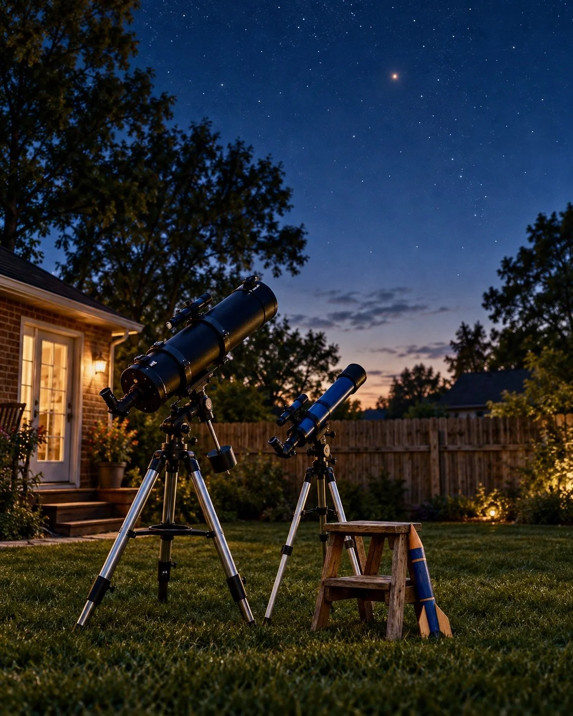 An adult-sized telescope next to a child's telescope that has a rocket toy leaning next to it, pointing up toward the stars.