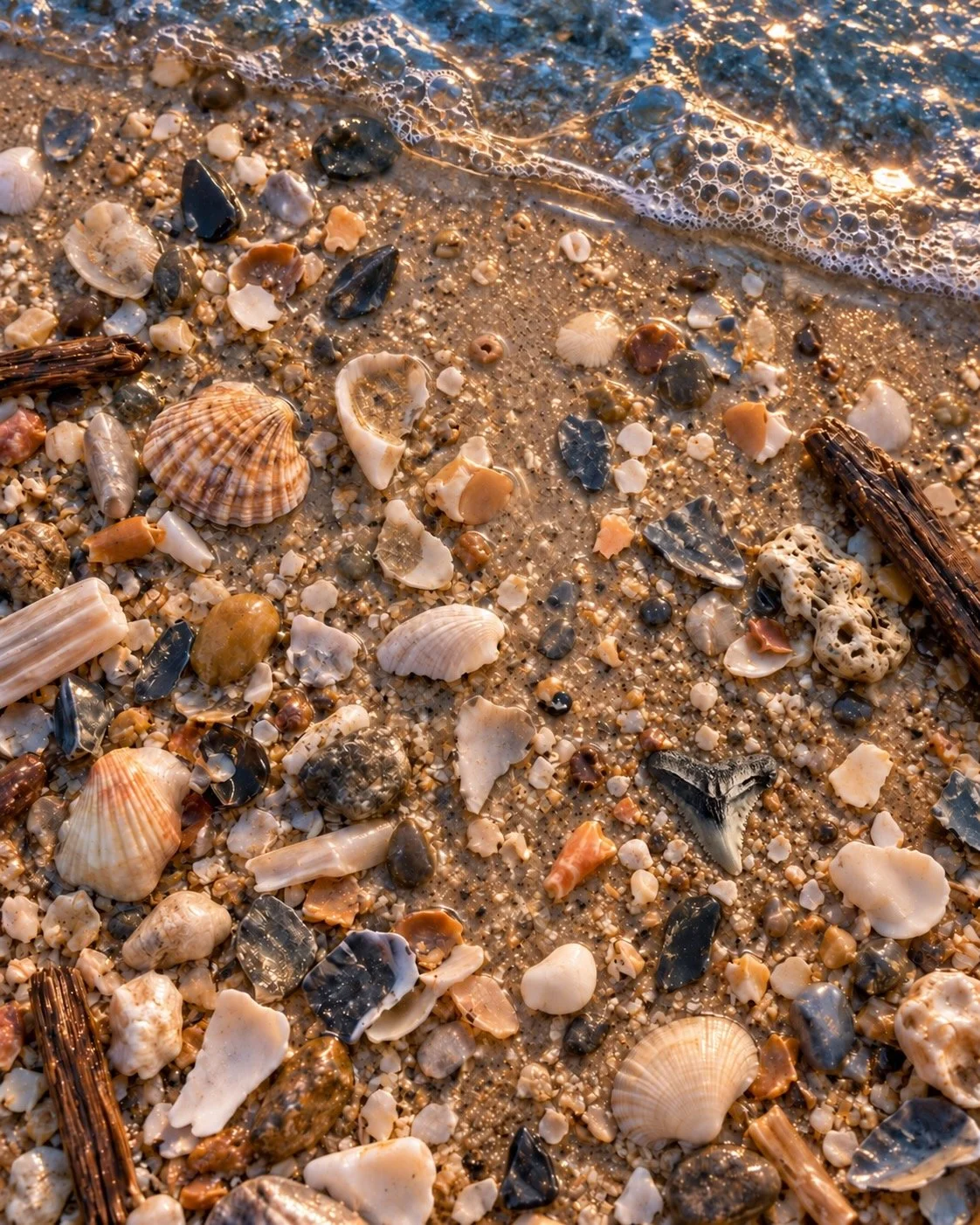Black and gray shark tooth among broken shells