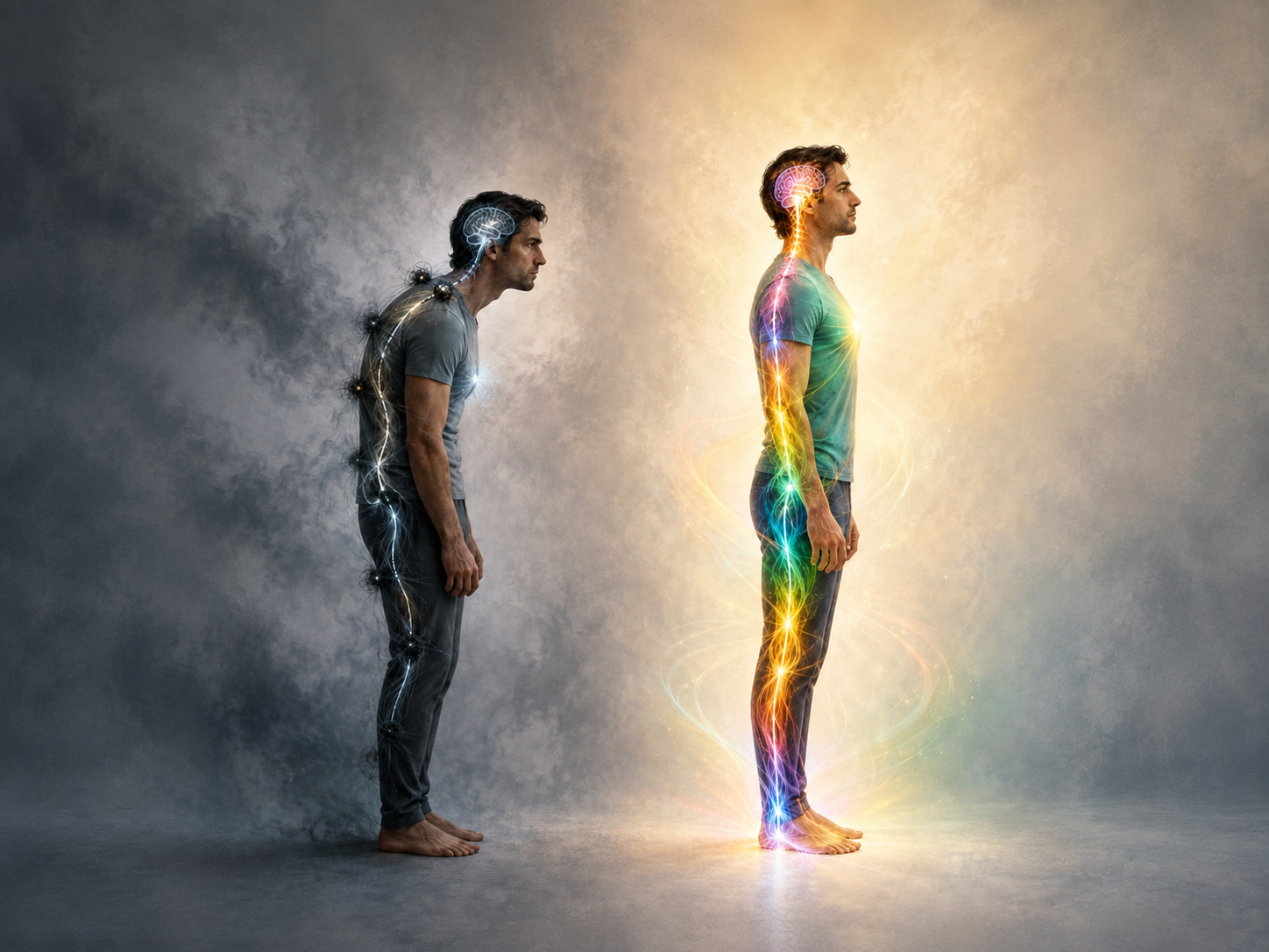 A man with poor posture and the same man with good posture