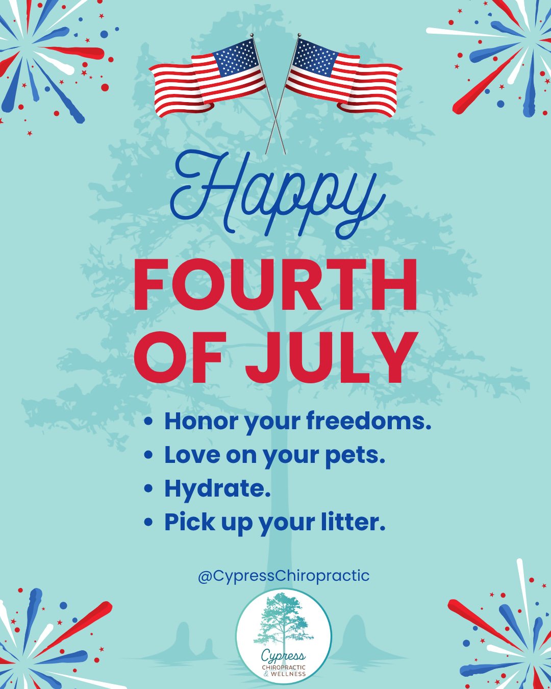 Happy Fourth! Be safe and have fun🎆
----
#CypressChiropractic #chiropracticcare #charleston #charlestonsc #chs #charlestonwellness #healthandwellness #familywellness #healthyliving #healthyhabits #proactivehealth #selfcare #spinalhealth #naturalmedi