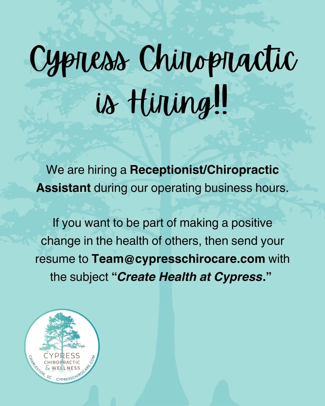 Cypress Chiropractic is hiring! We are looking for a friendly and organized person to join our team.  The ideal candidate is computer savvy, friendly and welcoming to people, dependable, consistant, and has a good eye for detail. Experience is not a 