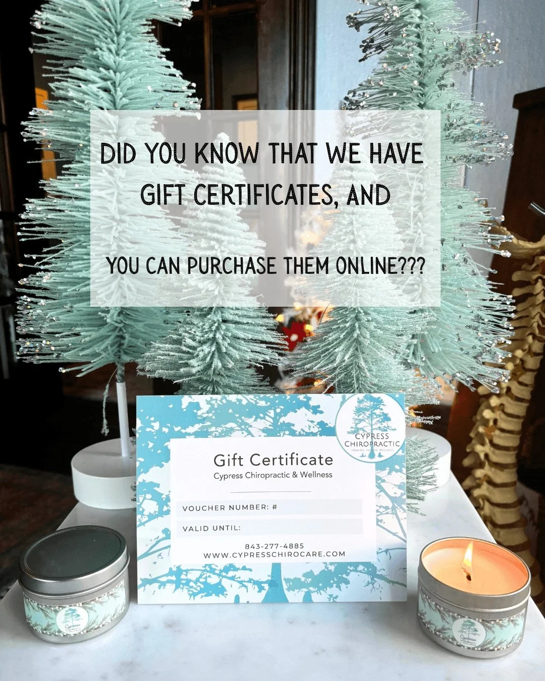 Yes, that is correct! If you have a friend or family member that you know loves chiropractic, massage, red light therapy, and/or and essential oils, you can get them a Cypress Chiropractic gift certificate and you can do that after-hours and on holid