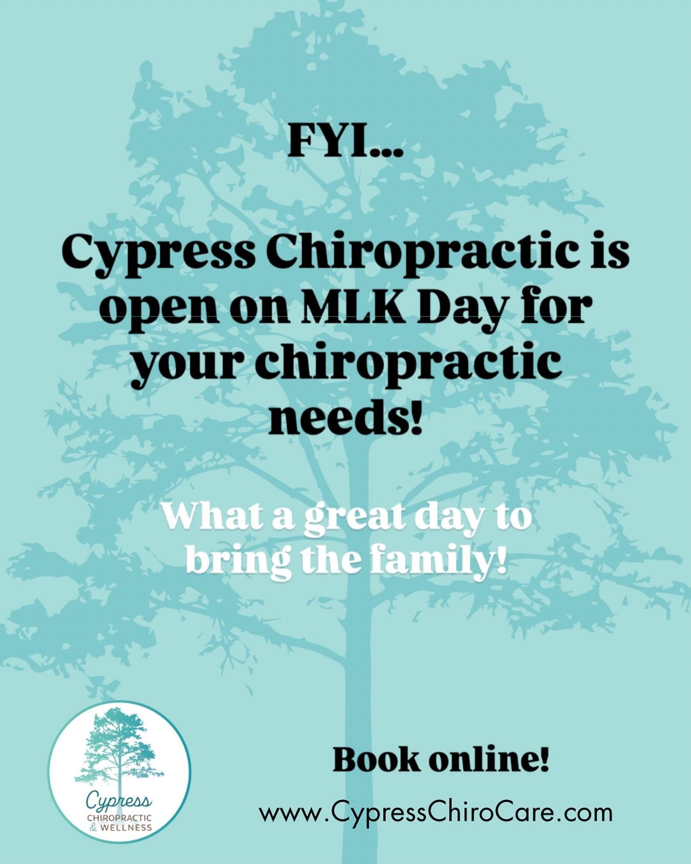 Cypress Chiropractic in Charleston is open on MLK Day!  What a great day to bring in the entire family for a wellness check up. Book online at www.cypresschirocare.com.
