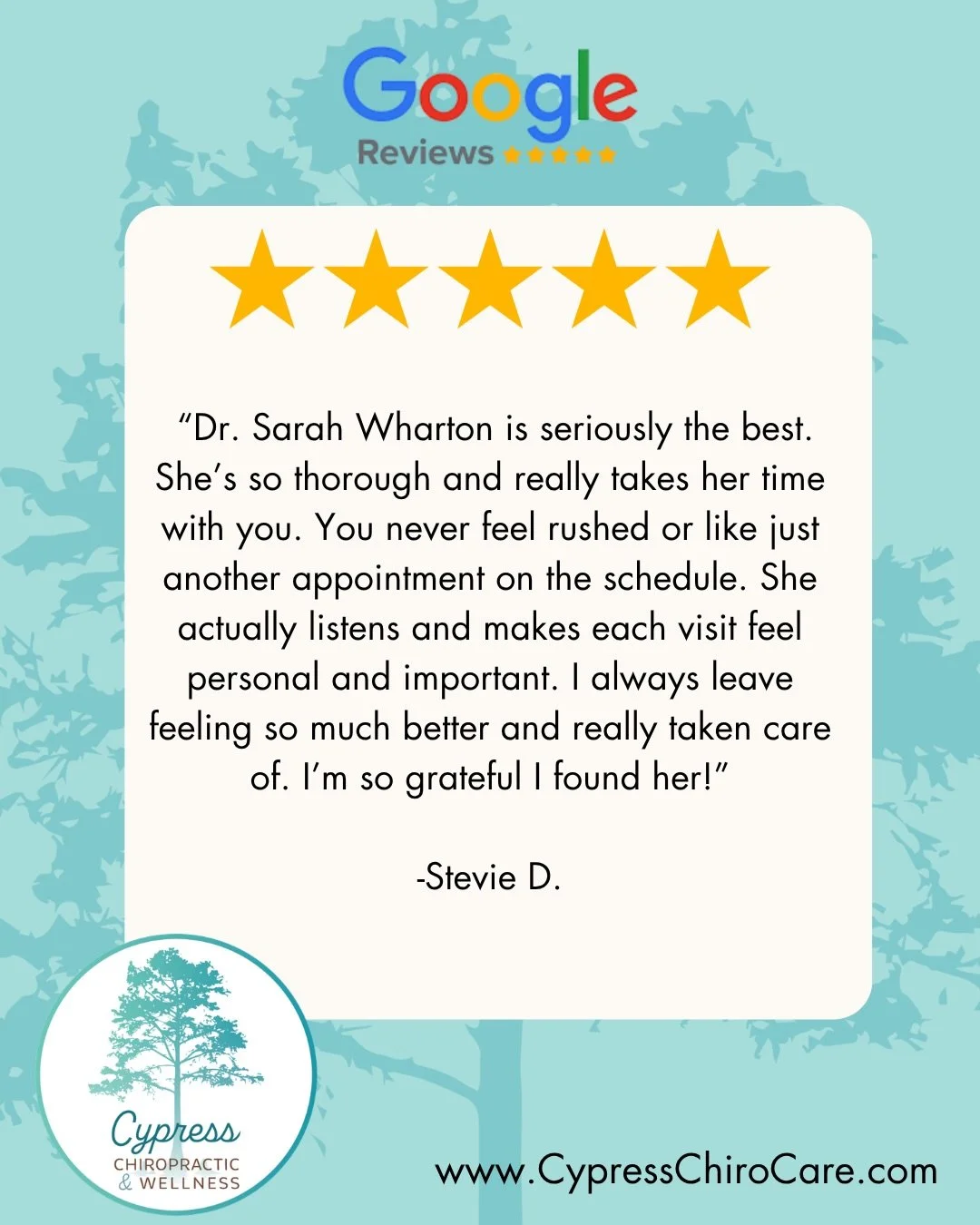 The testimonials are in! Thank you to those that showed up for themselves each week. You are a hero for yourself. From what others are saying, Charleston&rsquo;s very best, Cypress Chiropractic &amp; Wellness offers:

1. Thorough and personalized car