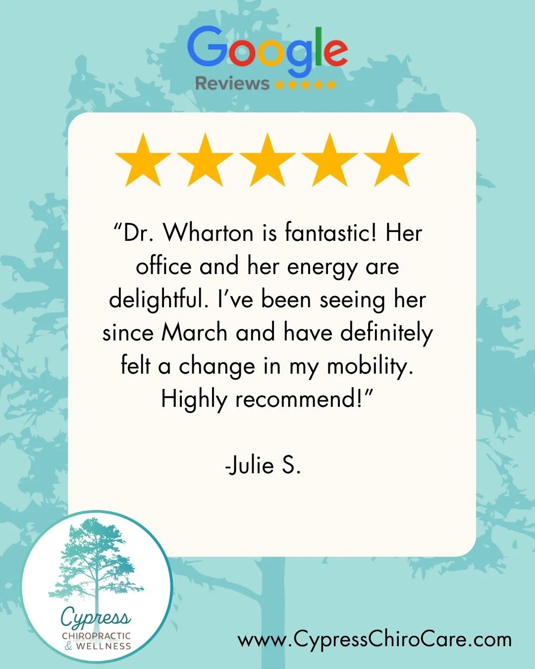 Thank you thank you! Me, myself, and the entity that is Cypress Chiropractic appreciates what you appreciate about coming to us! Whether it&rsquo;s good energy, plenty of parking, more energy, or less pain, we are happy that you see and feel the resu