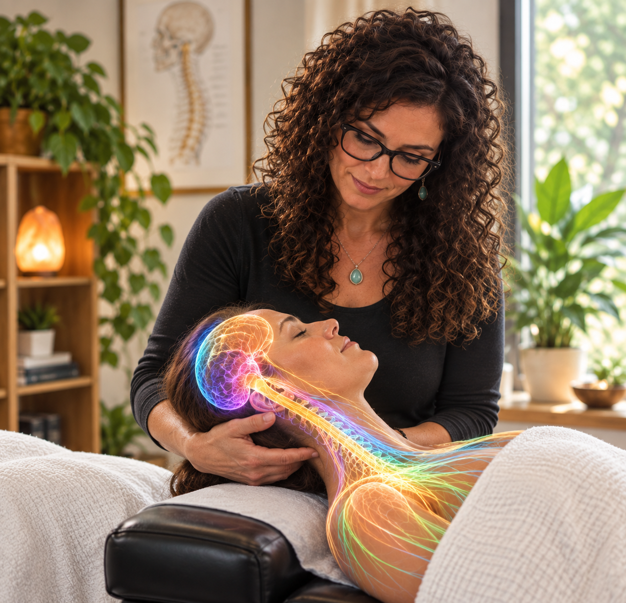 female chiropractor performing a cranial adjustment on patient in charleston sc