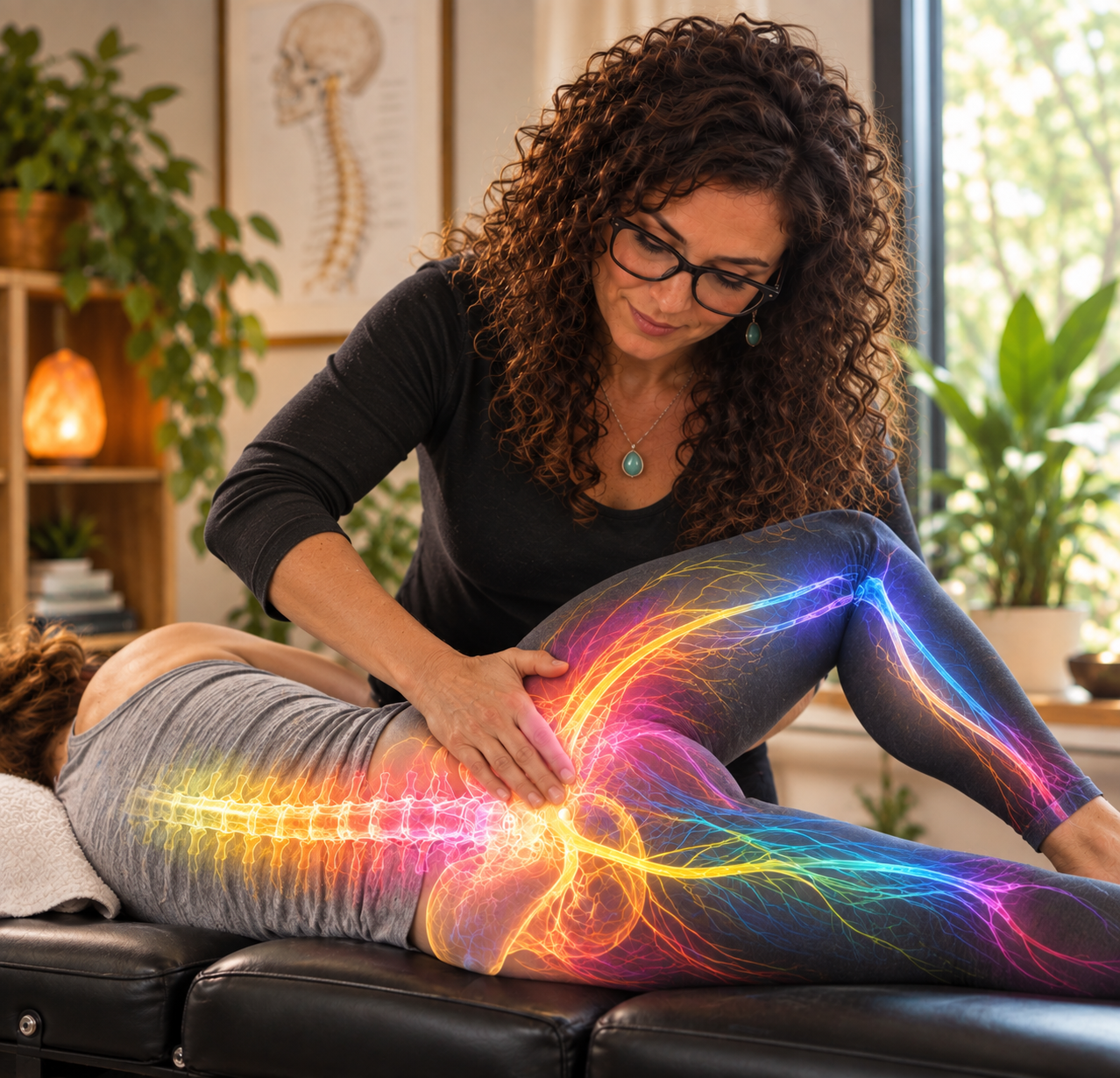 female chiropractor performing sciatica pain relief proceedure on a patient