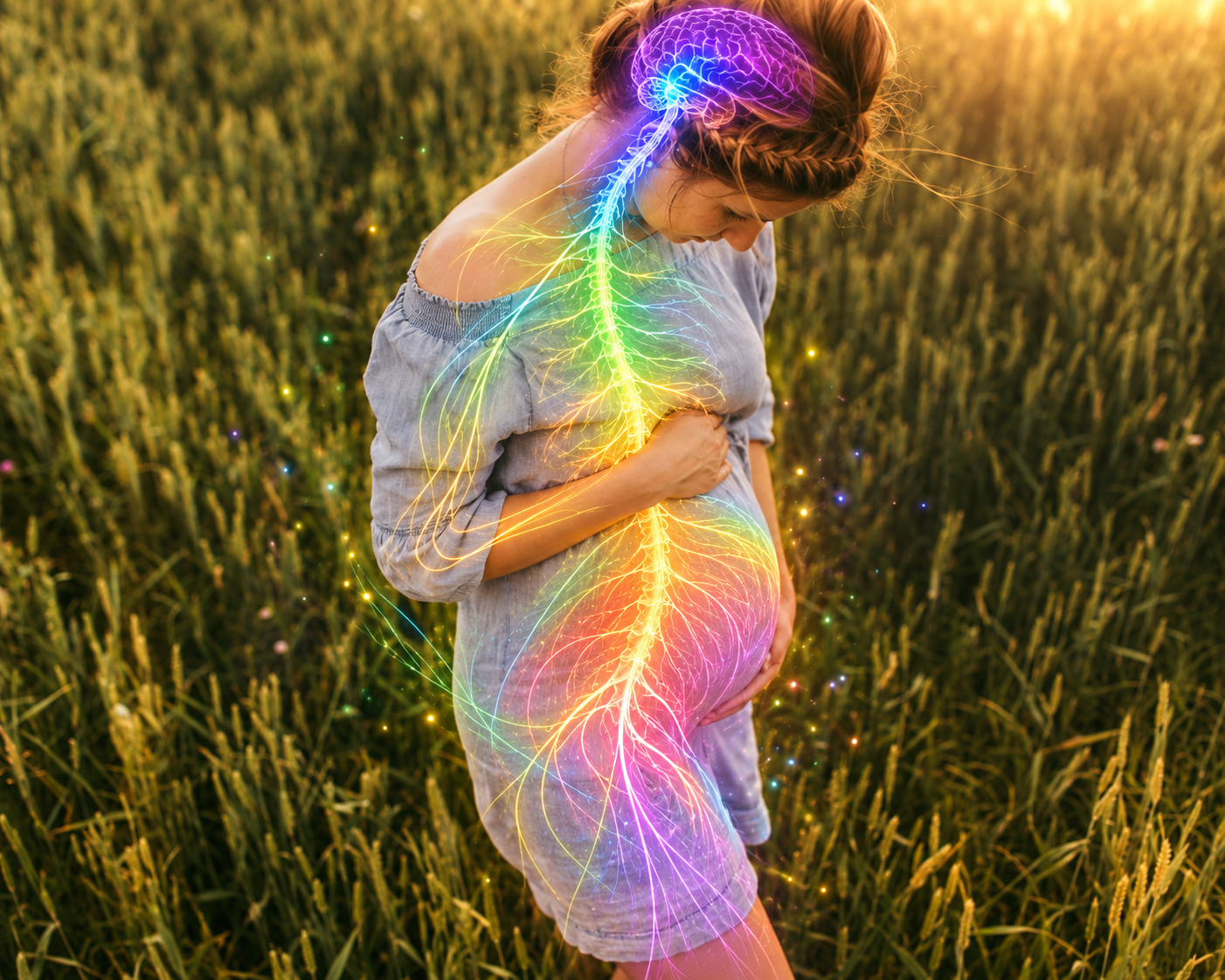 woman standing in field caressing her womb