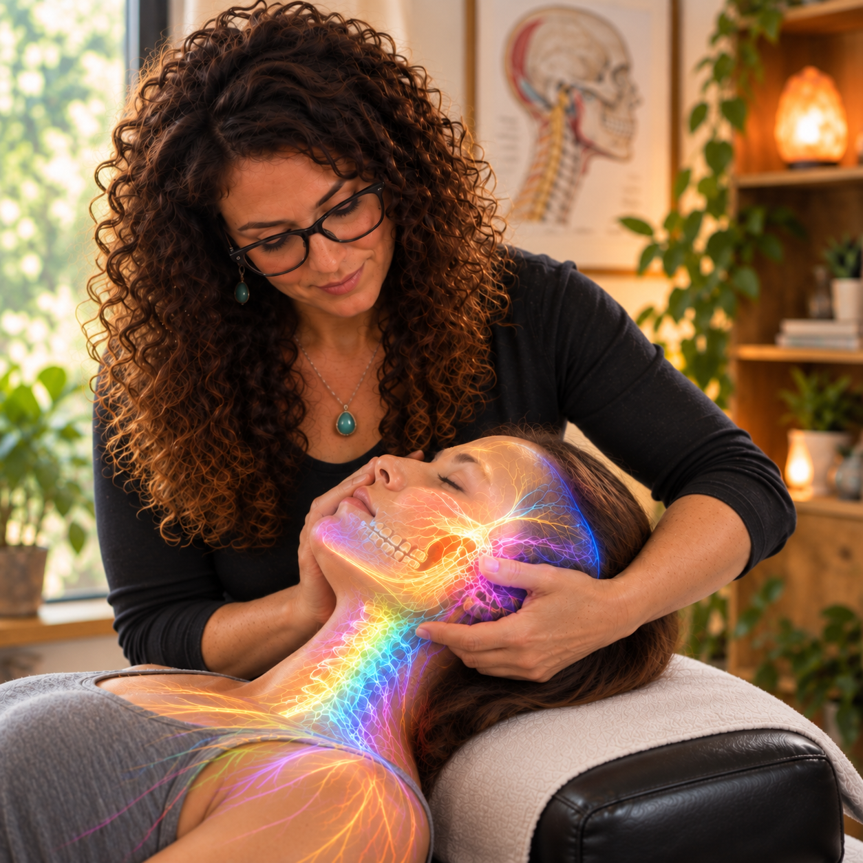 female chiropractor performing tmj jaw pain relief proceedure
