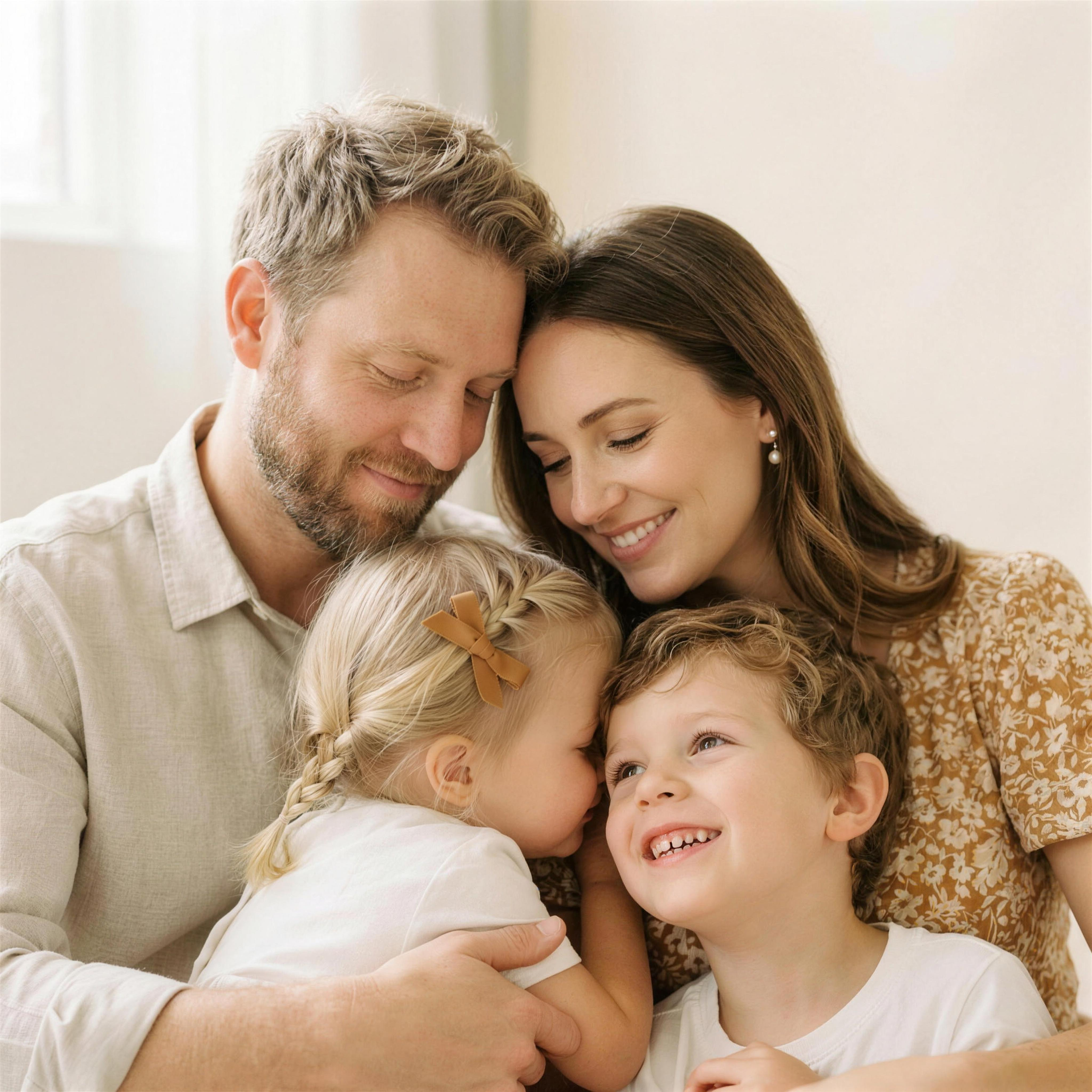 A close-up of six people smiling and cuddling together, showing happiness and bonding.