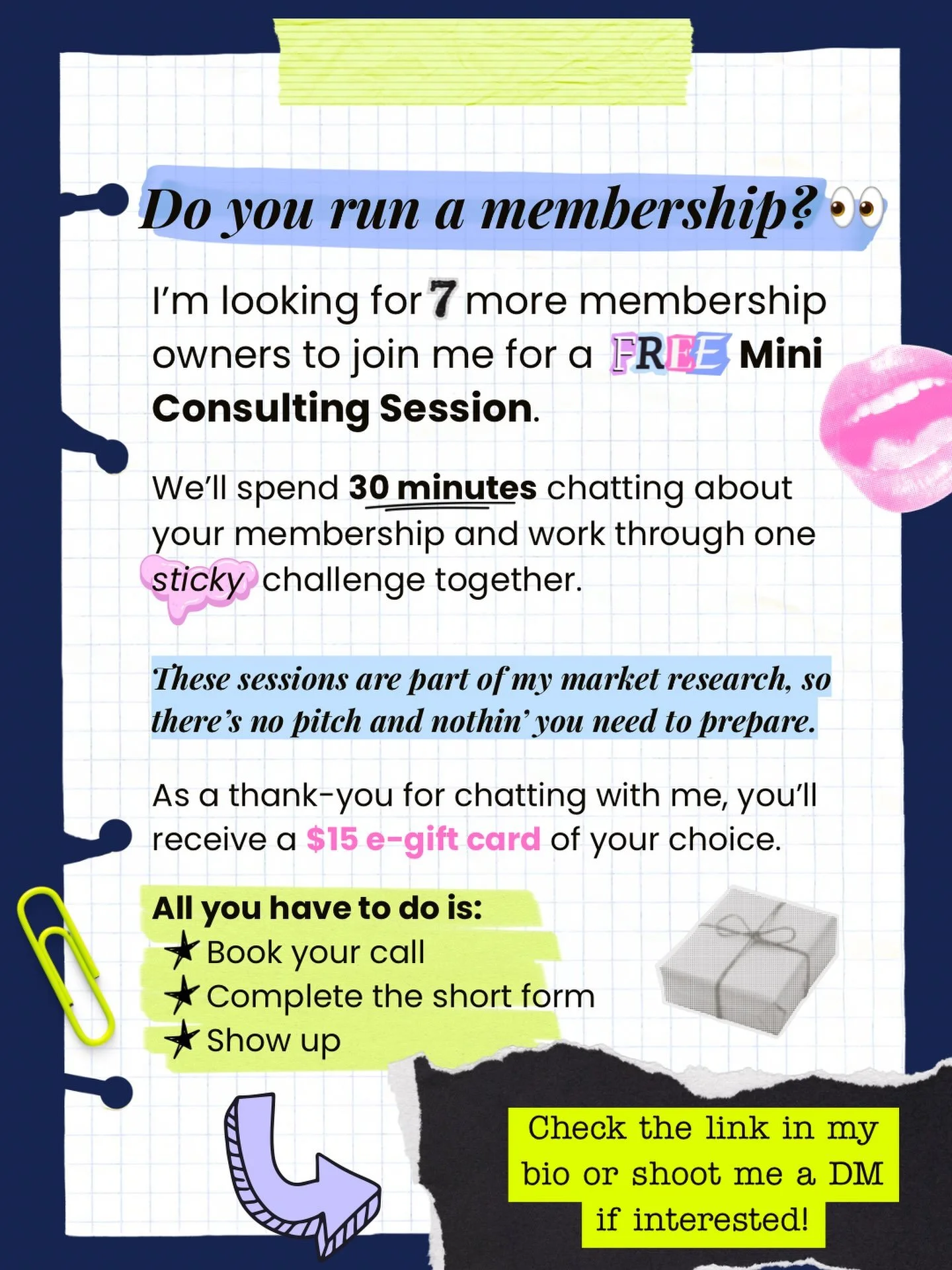 I&rsquo;m looking for 7 more membership owners to join me for a 30-min casual market research convo. 

I want to hear about ur what&rsquo;s happening behind the scenes of your membership&hellip;

👉 what feels harder than expected 
👉 where you&rsquo