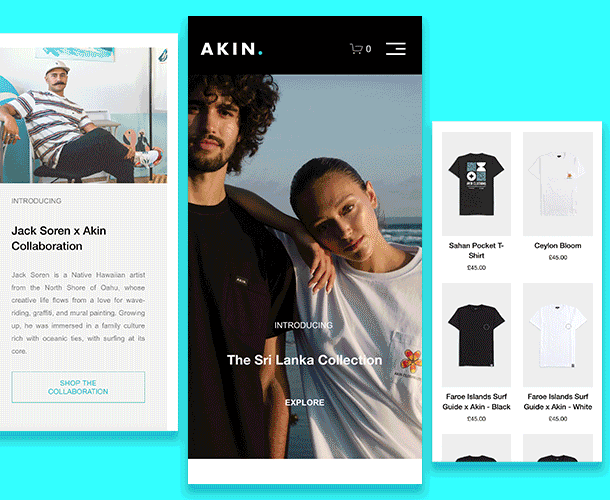 Mobile phone displaying Akin fashion app with models, and product images including T-shirts and prices.