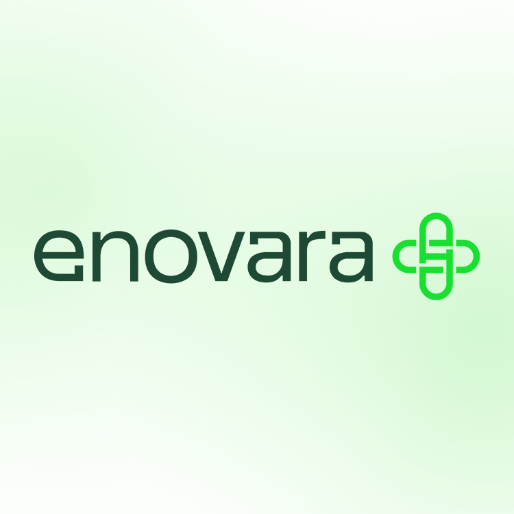 Enovara logo with green medical cross icon on a light green background.