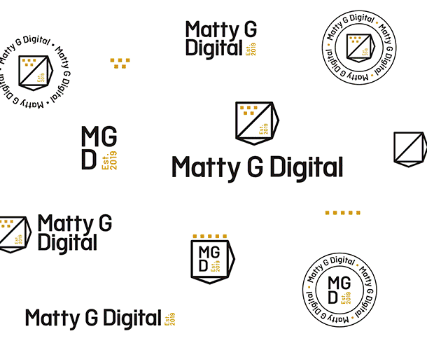 Pattern with multiple logos reading "Matty G Digital," some with a circular design and others with a rectangular design featuring a geometric shape, the initials MG D, and "Est. 2019" in yellow.