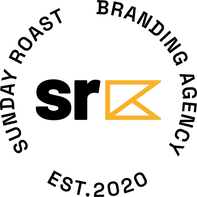 Icon with a stylized flag pointing right surrounded by the phrase Sunday Roast, Branding Agency, Est. 2020
