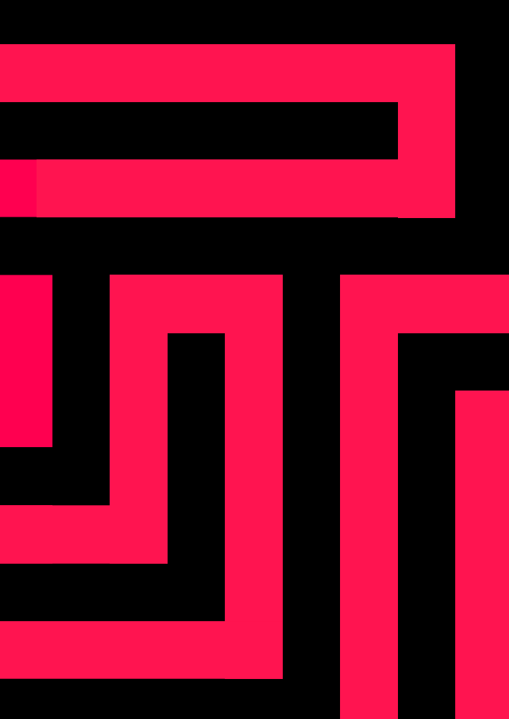 Bold pink background with black maze-like lines creating geometric patterns.