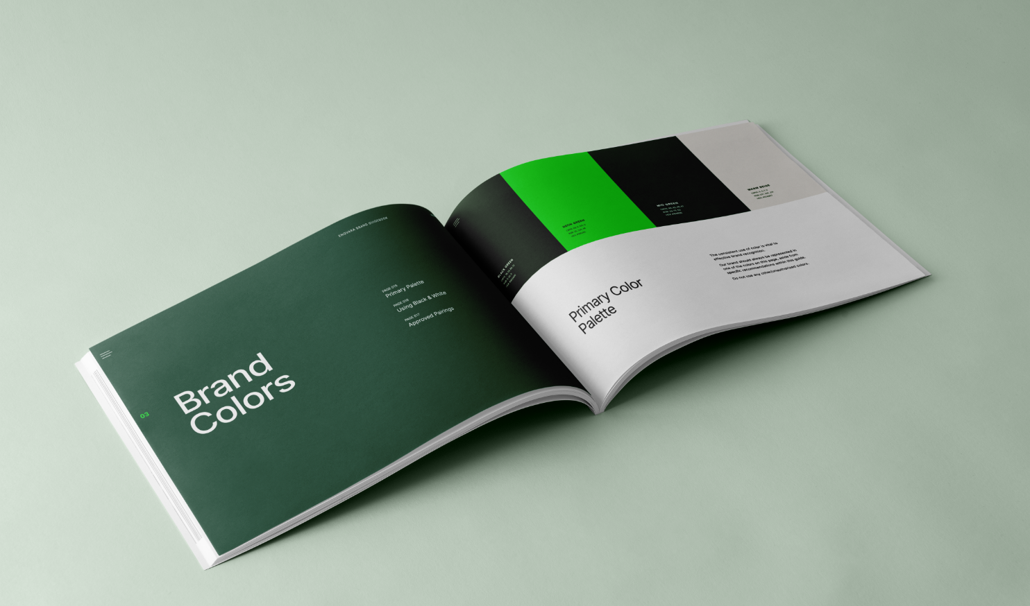 Open magazine showing pages about brand colors and primary color palette with samples of green, black, and gray.