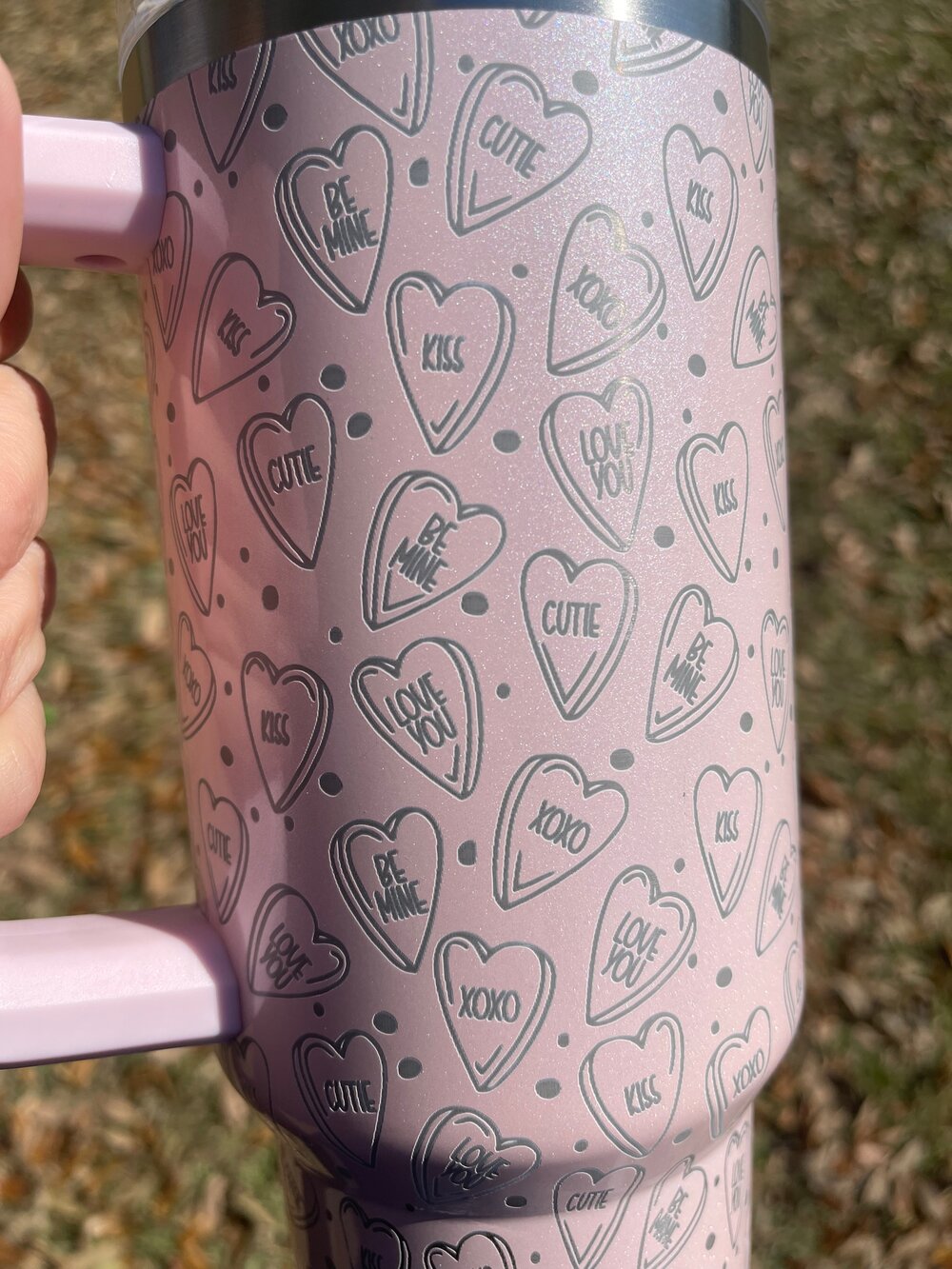 40oz tumbler w/ handle and Conversation Hearts engraved. — That Laser Lady