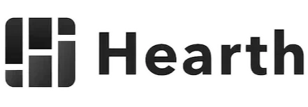 Hearth logo in black and white with a stylized flame and the word 'Hearth'