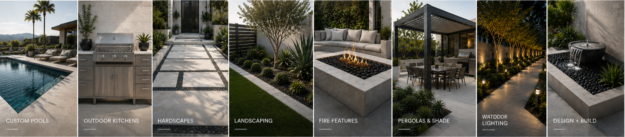 A collage of outdoor living spaces including a swimming pool, outdoor kitchen, hardscapes, landscaping, fire features, pergolas and shade, Watdoor lighting, and design and build elements.