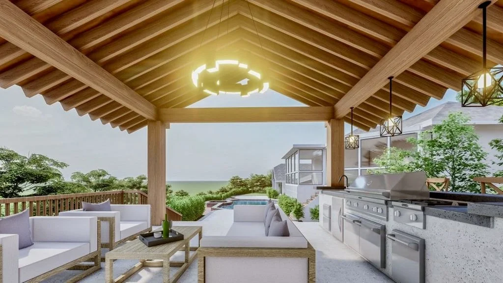 Modern residential outdoor space with pool and patio area