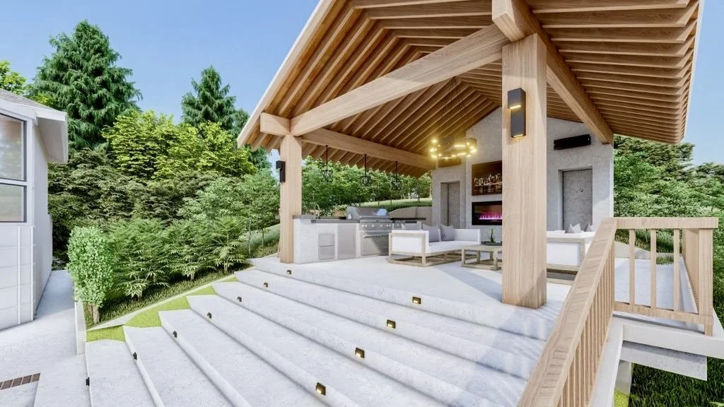 tContemporary outdoor living space with integrated pool design