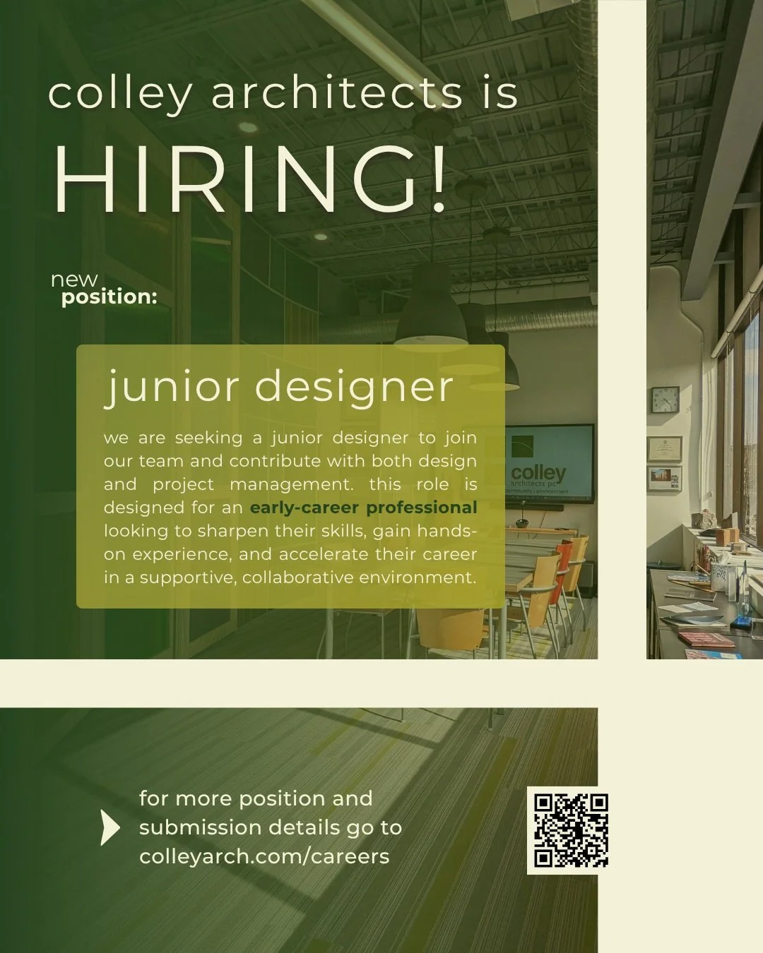 up and coming for the up-and-coming, new position at colley!

looking for a way to develop your design skills in a professional setting that's personable, collaborative, and supportive? we might know some people who could help.

slide on over, peruse