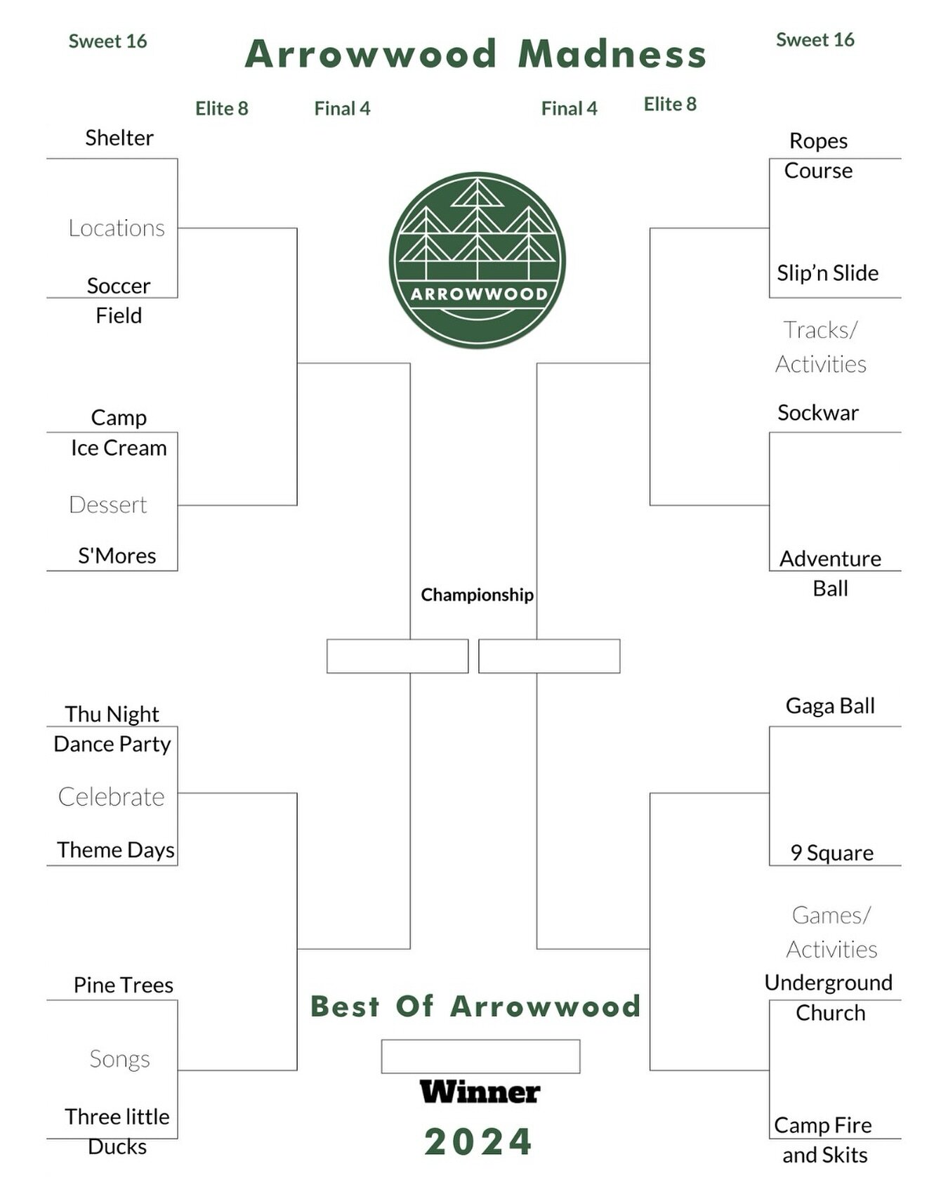 🏀 It&rsquo;s time for Camp Madness! 🌲 Sadly, the Vols are eliminated so we are moving on to Arrowwood.

Over the next week, vote for the &ldquo;Best of camp&quot; on Instagram.  We've got some great match-ups. Vote for your favorites. 

Comment bel