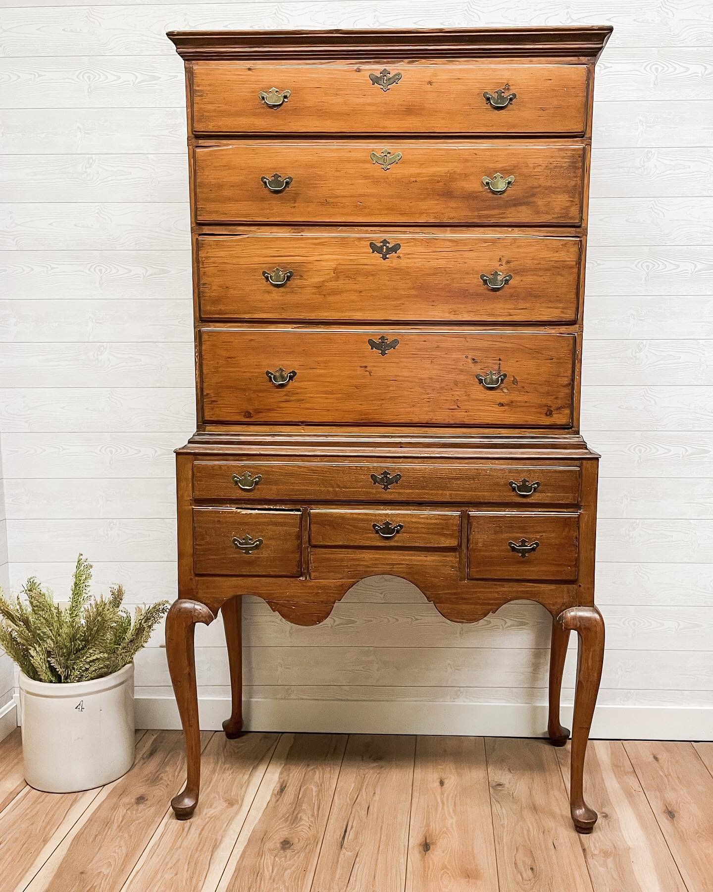 Look at this antique! We were in shock when the owner of this just wanted it removed from the house-this piece is over 200 years old! A Queen Anne Flat Top Highboy with all the beautiful patina and imperfections make it just perfect to us! 

We&rsquo