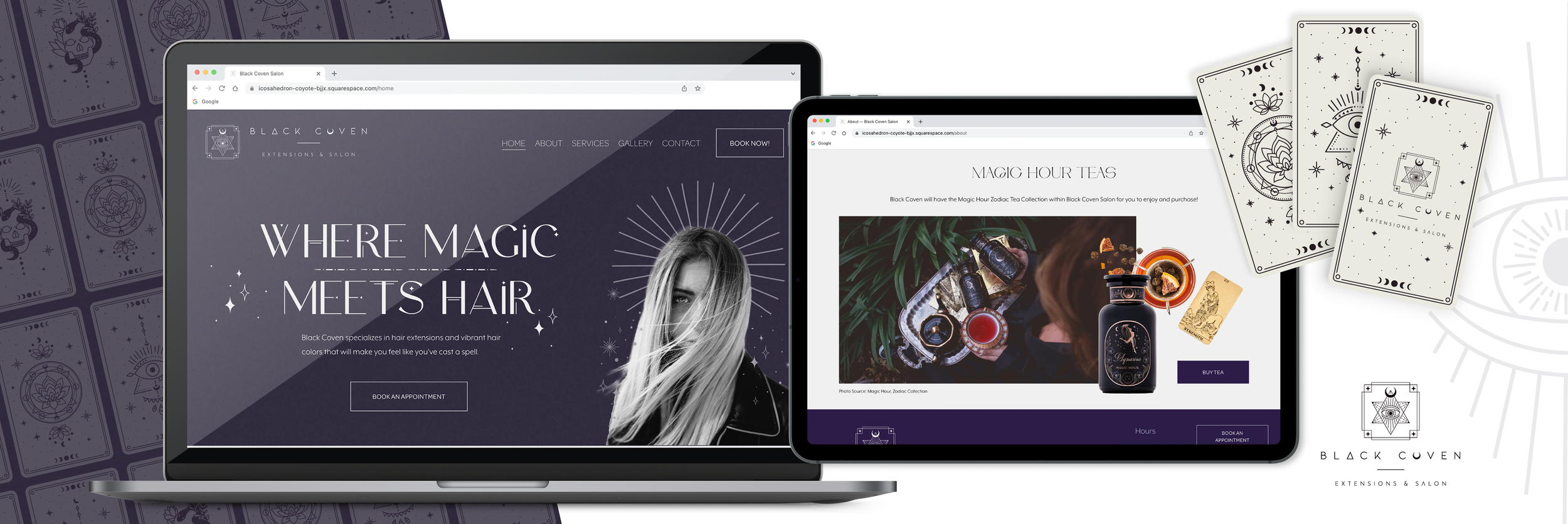Laptop and tablet screens displaying the Black Coven salon website, with tarot card designs and promotional materials scattered around.