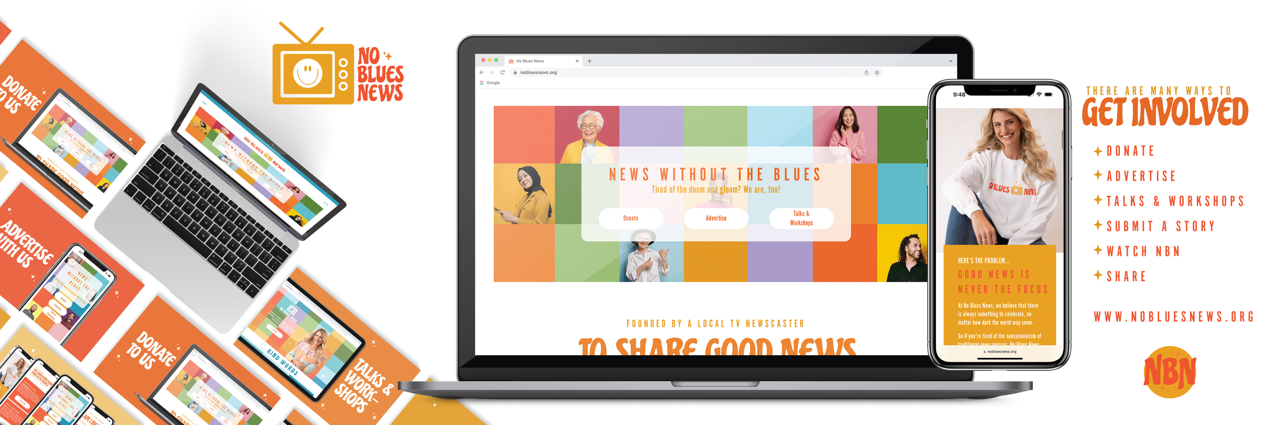 Multiple electronic devices displaying a website called No Blues News, with bright colorful graphics, photos of diverse people, and calls to action like donate, advertise, and share, related to sharing good news and community involvement.