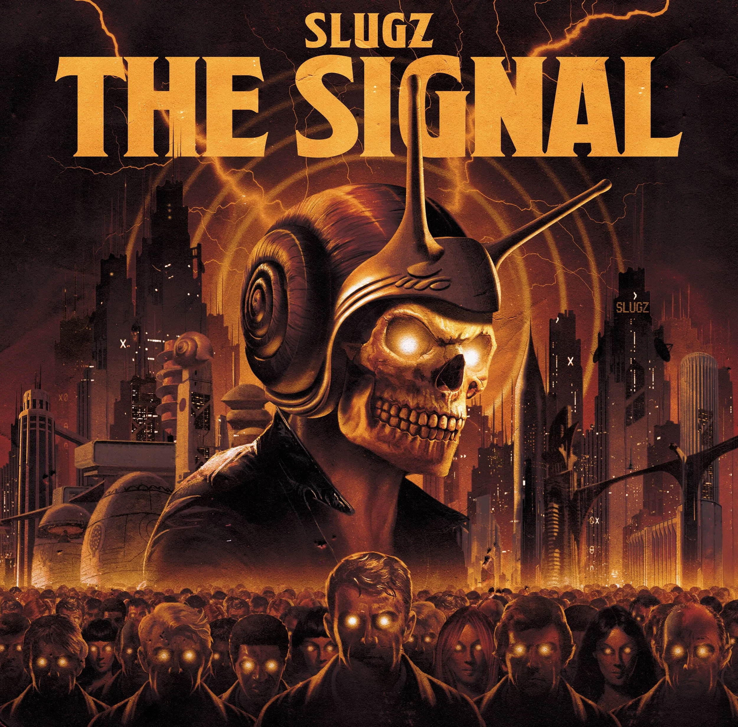 A dark, dystopian graphic artwork featuring a towering skeletal figure wearing a futuristic helmet with antennae, looming over a dense, glowing cityscape under a storm of lightning and fiery orange skies. The giant figure’s eyes burn with light as it