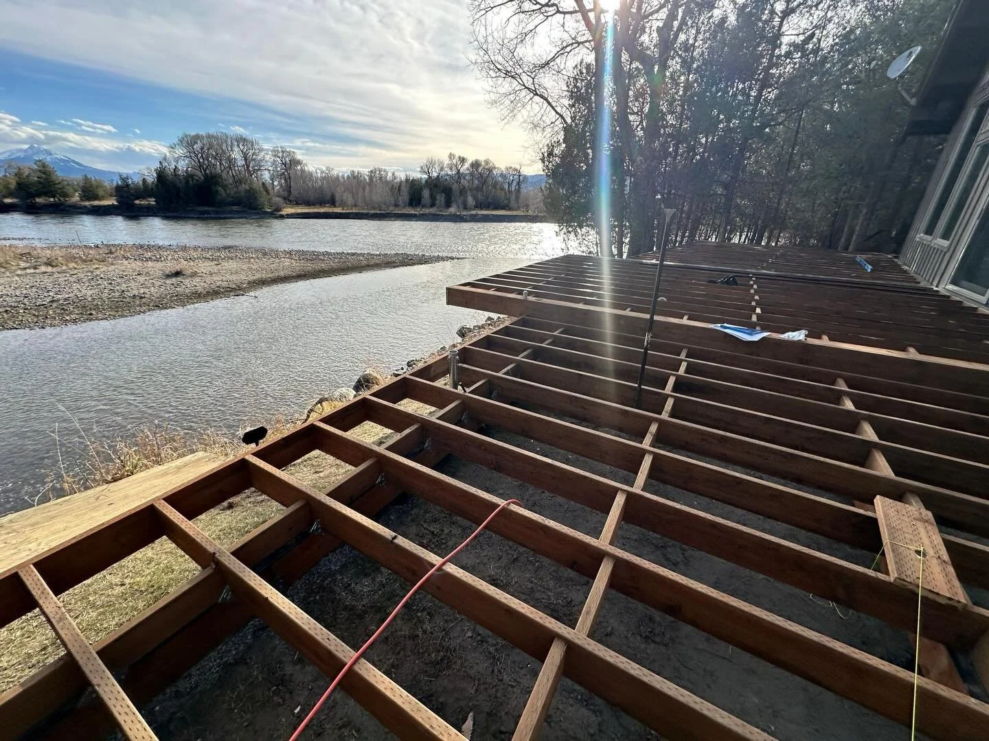 Mike and Pat doing an amazing job laying out this technical timber pergola layout on our Yellowstone River Dream Deck Project in Paradise Valley! We cannot wait to show you the finished project #bigskyconstruction #bozemanconstruction #bozeman #bigsk