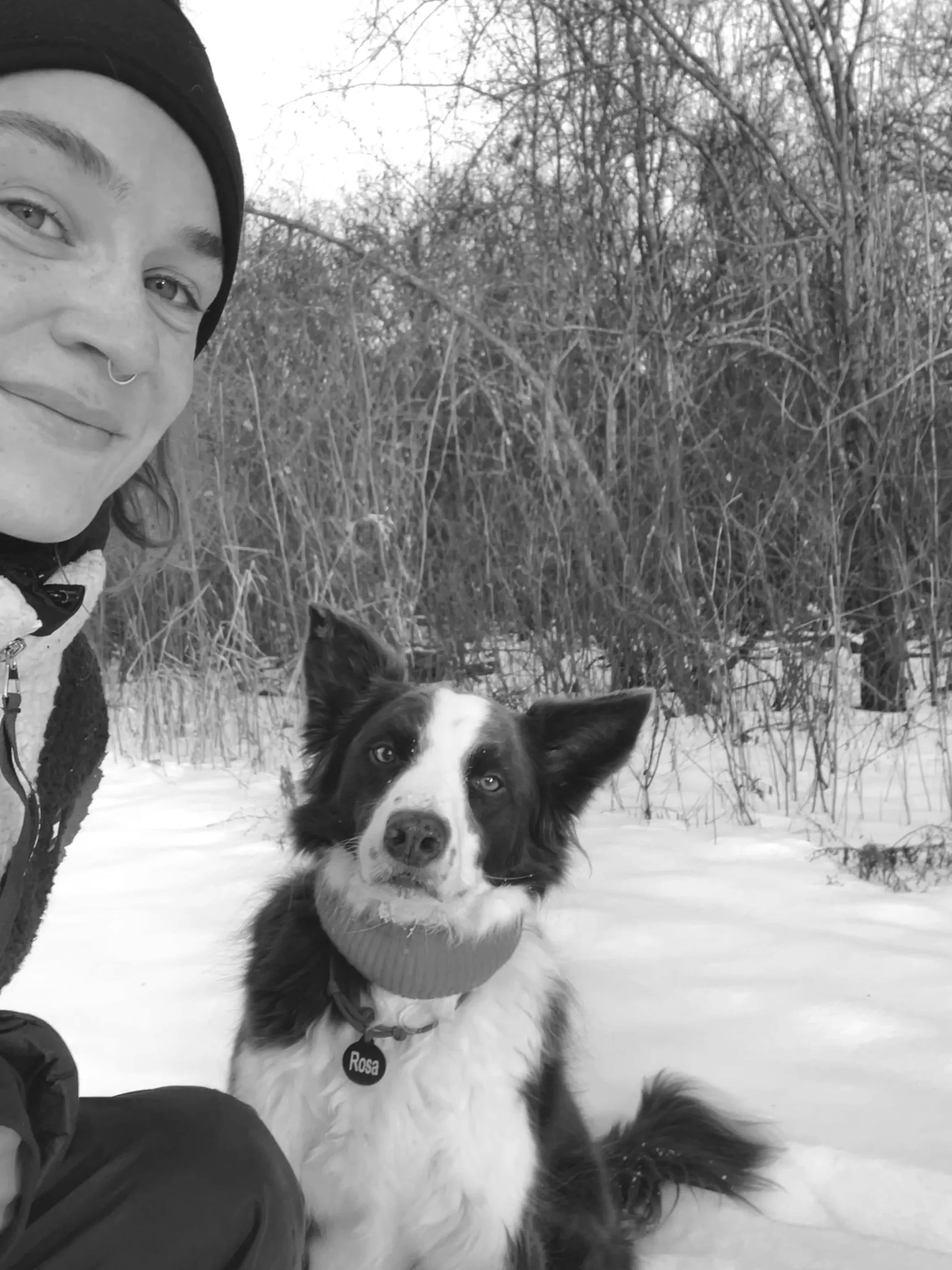 A woman with a septum ring smiling, and a brown and white dog wearing a red sweater and a black collar with a name tag reading "Rosa," sitting on snow-covered ground with leafless trees in the background during sunset.