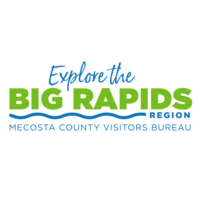 Logo for the Big Rapids region, part of the Mecosta County Visitors Bureau, with the slogan 'Explore the Big Rapids Region' in blue and green text.
