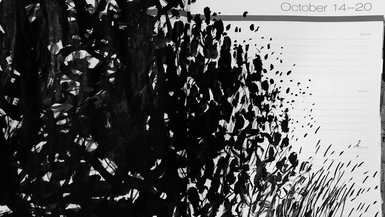 A cropped image of an ink drawing on lined paper by Carol Barber. There are several strokes of black ink which lightens in gradience from left to right across the page of a planner that reads "October 14-20.”