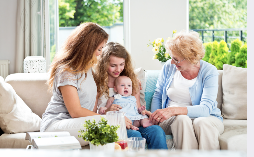 image of grandmother, daughter, and two granddaughters sitting together on a couch.