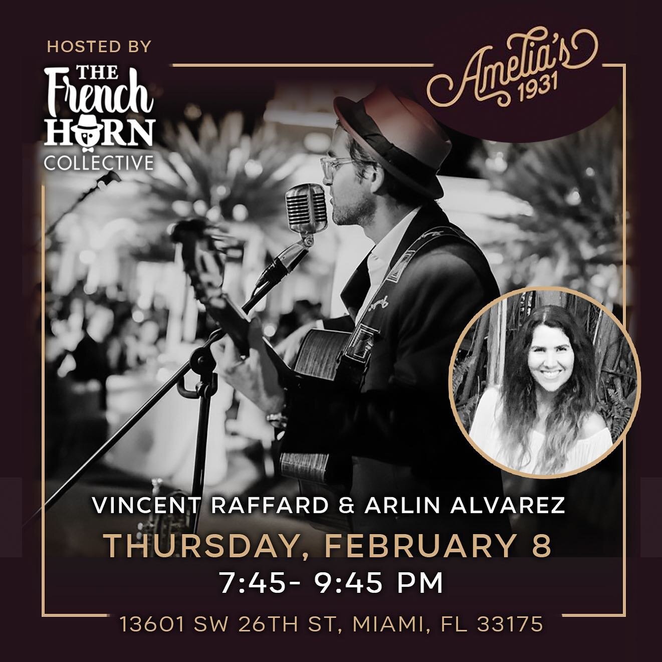 @amelias1931 this Thursday at 7.30pm great food and people. We will be playing with @mgonzalezmusic and @arlinthesinger 👉🏻 Reservations available at amelias1931.com 

📍13601 SW 26th St. 
Miami FL 33175

#livemusic #thefrenchhorncollective #vincent