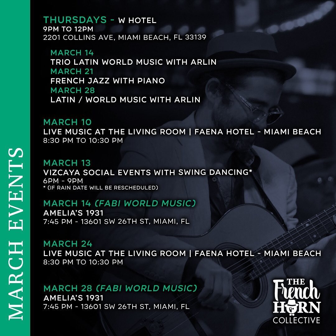 For this month concert in Miami we have For this month: 
- Thursdays at the W hotel in south beach 
9pm to 12 
Trio 
-7th: Trio Gypsy jazz with clarinet 
-14th : trio latine World music with Arlinnes 
-21st french jazz with piano 
-28th : Latine / wo