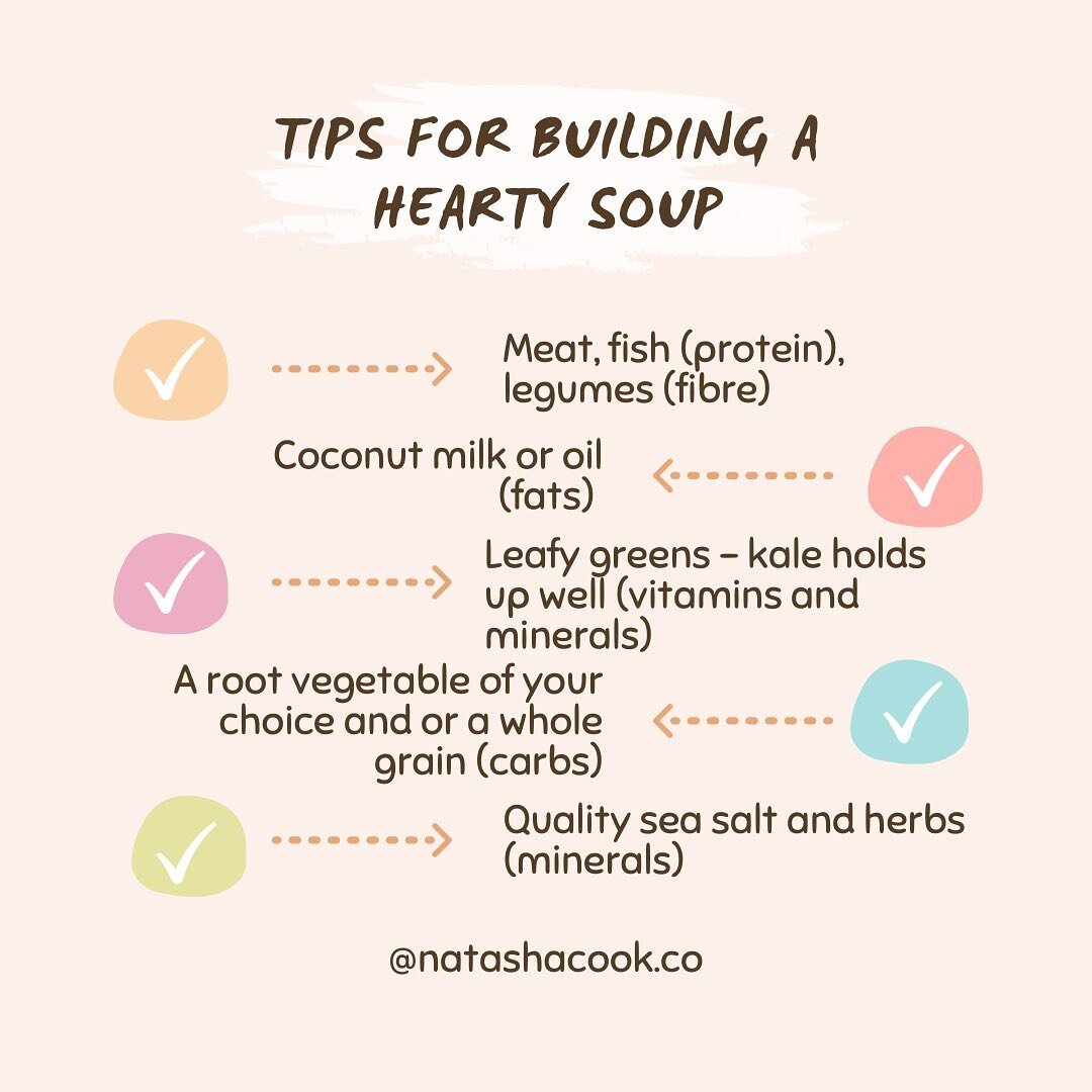 It&rsquo;s soup season! 

Also known as the best way to use up all of your leftover vegetables at the end of the week. 

Here are some tips to create a hearty soup that leaves you feeling satiated. Start with saut&eacute;ing an onion and garlic base,