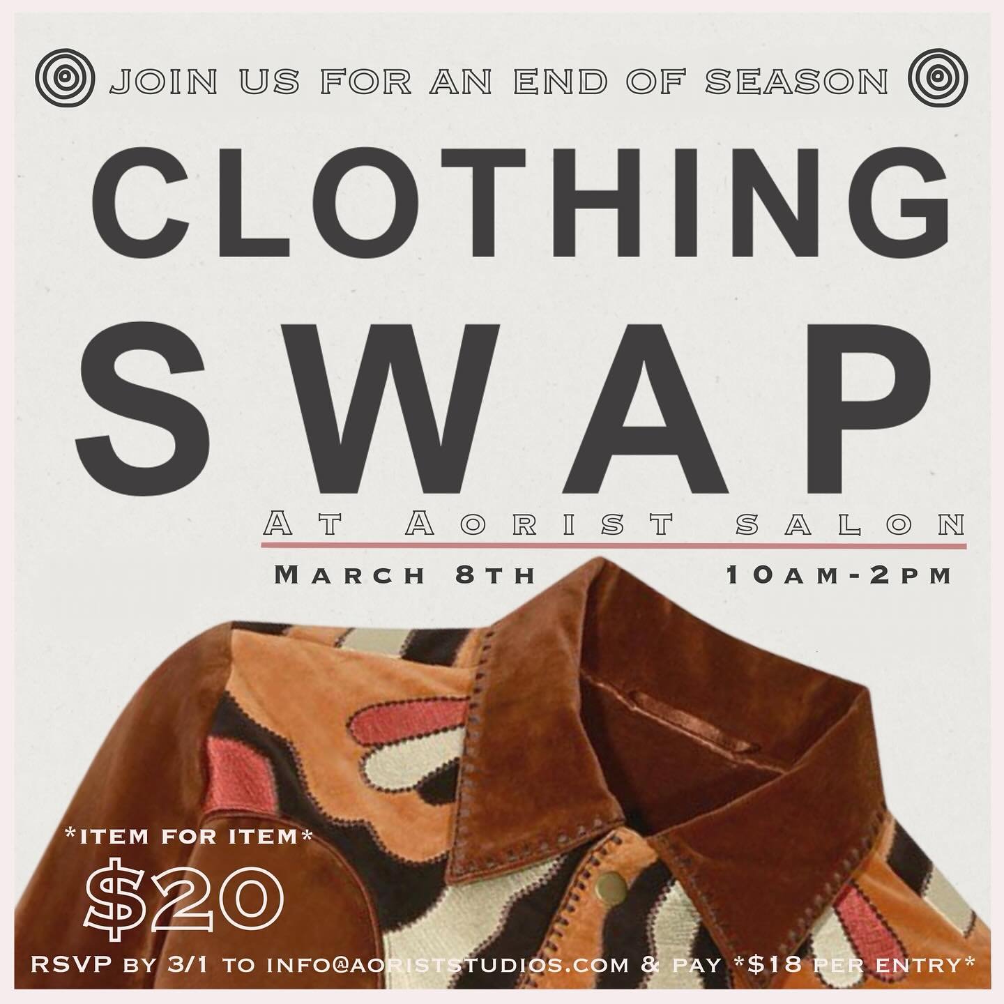 ✨🤍YOU’RE INVITED🤍✨
Come join us for an end of season clothing swap at @aoristsalon on 3/8 from 10am-2pm ✨ RSVP to info@aoriststudios.com by 3/1 & pay $18 per entry OR pay $20 at the door to enjoy item for item shopping❣️✨
We can’t
