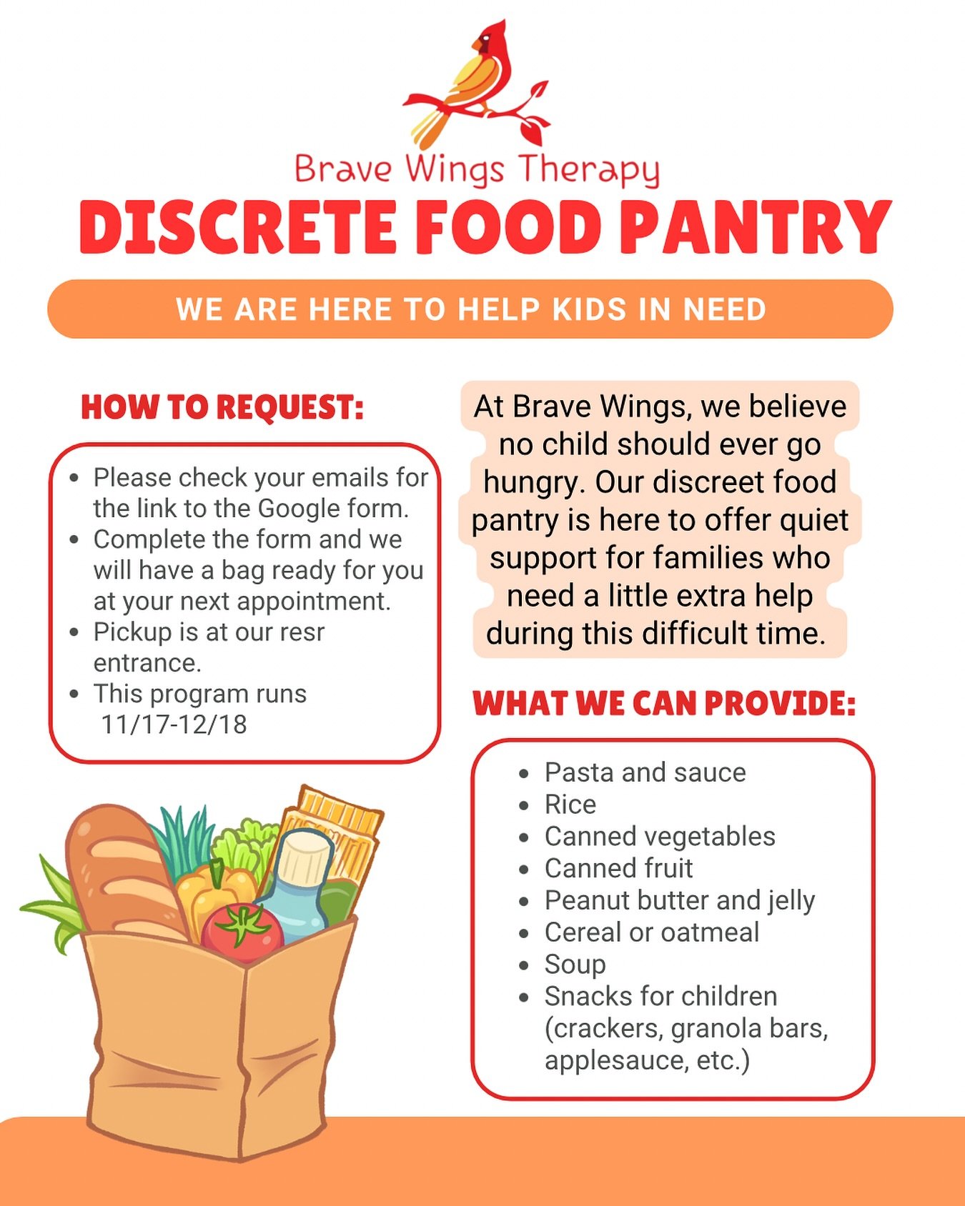 We are offering a discreet food pantry now through 12/18 for our clients. 🍎🍞🥦🥕🥨

✨ Please check your email for the link to request a grocery bag for your child- no questions asked.
✨ Pick-up will be arranged during your child&rsquo;s session at 