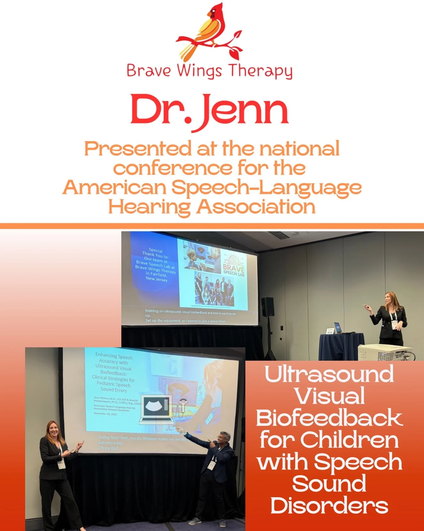 👏 Proud Moment for Brave Wings Therapy!
Our co-owner, Dr. Jenn Moore EdD CCC-SLP, presented at the American Speech-Language-Hearing Association (ASHA) Convention on ultrasound visual biofeedback for children with speech sound disorders.

This is jus