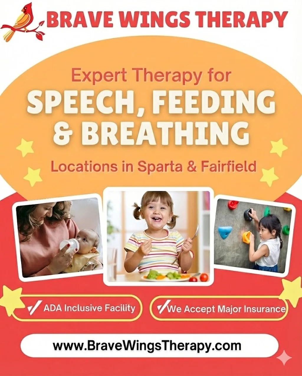 At Brave Wings Therapy, we help kids eat, breathe, and speak with confidence through advanced, evidence-based care.

Our specialized team offers:
1️⃣ Speech Therapy / PROMPT
2️⃣ Feeding Therapy &amp; Picky Eating Support
3️⃣ Infant Feeding Support
4️