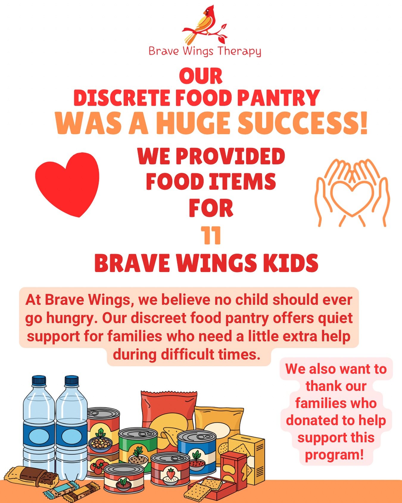 No child should go hungry.

Our discreet food pantry supported 11 Brave Wings families! ❤️